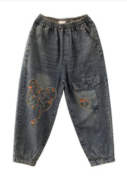 Loose Blue Embroidered Pockets Elastic Waist Denim Pants Spring