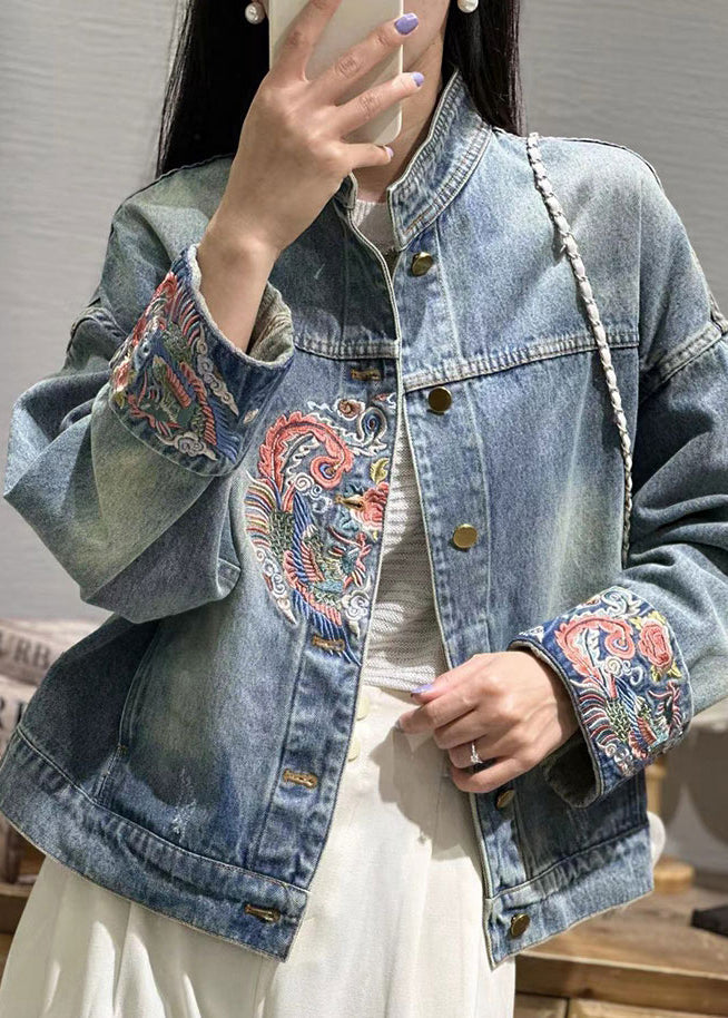 Loose Blue Embroidered Button Patchwork Denim Coat Fall