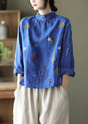 Loose Blue Embroidered Linen Shirt Long Sleeve