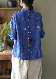 Loose Blue Embroidered Linen Shirt Long Sleeve