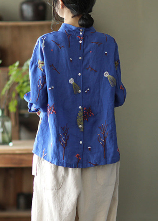 Loose Blue Embroideried Linen Shirt Long Sleeve