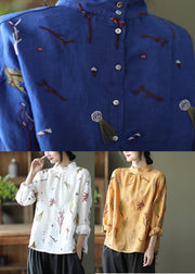 Loose Blue Embroidered Linen Shirt Long Sleeve