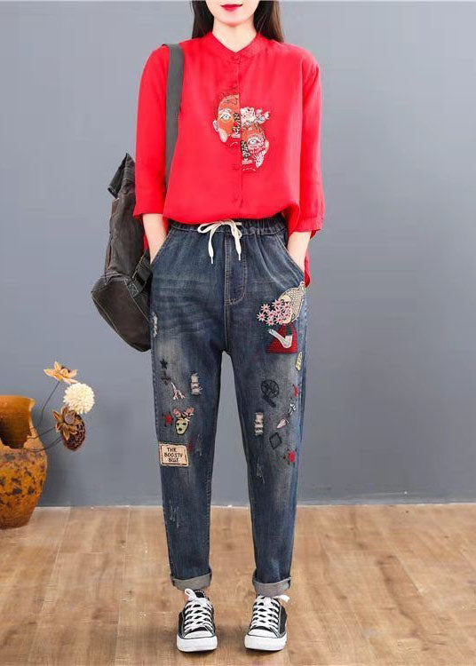 Loose Blue Embroideried Patchwork Elastic Waist Denim Pants Spring