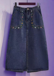 Loose Blue Embroidered Pockets Patchwork Denim Skirt Summer