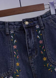 Loose Blue Embroidered Pockets Patchwork Denim Skirt Summer