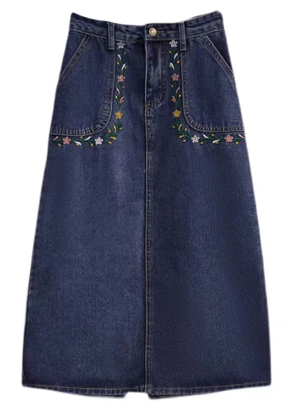 Loose Blue Embroidered Pockets Patchwork Denim Skirt Summer