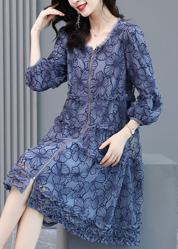 Loose Blue Embroideried Ruffled Zippered Silk Dresses Long Sleeve