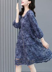 Loose Blue Embroideried Ruffled Zippered Silk Dresses Long Sleeve