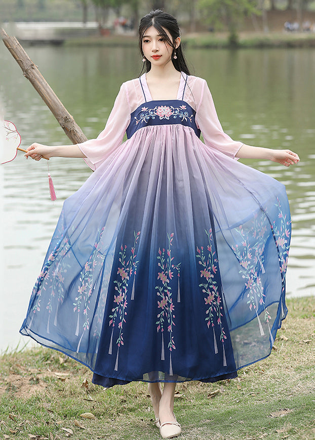 Loose Blue Embroidered Wrinkled Patchwork Chiffon Long Dresses Summer