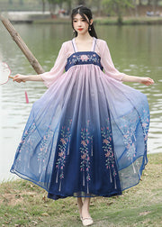 Loose Blue Embroideried Wrinkled Patchwork Chiffon Long Dresses Summer