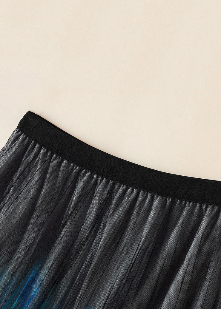 Loose Blue Gradient Color Elastic Waist Tulle Pleated Skirt Summer