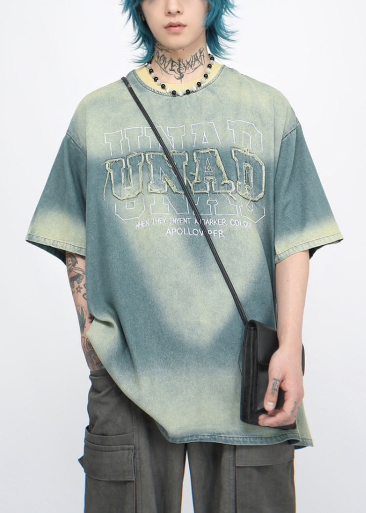 Loose Blue Gradient Color Letter Denim Men T Shirts Summer