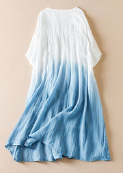 Loose Blue Gradient Color O Neck Cotton Dresses Half Sleeve