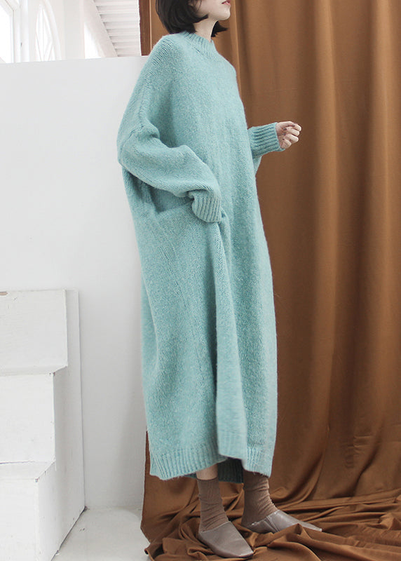 Loose Blue Green Turtleneck Cozy Cotton Knit Long Dress Fall