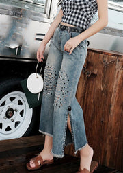 Loose Blue High Waist Sequins Patchwork Crop Ripped Jeans