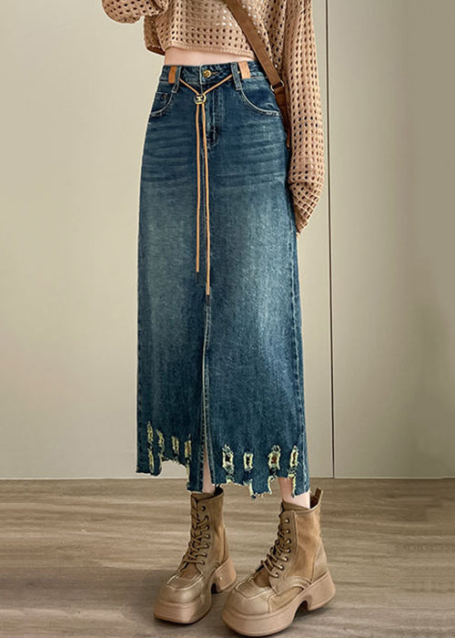 Loose Blue Hole Pockets High Waist Denim Skirt Spring