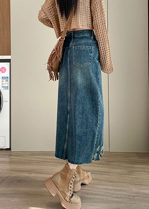 Loose Blue Hole Pockets High Waist Denim Skirt Spring