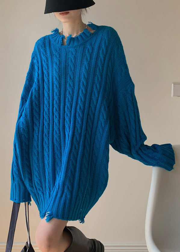 Loose Blue Hole Solid Cable Knit Sweaters Spring