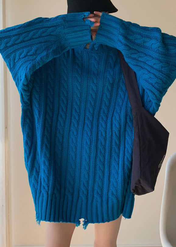 Loose Blue Hole Solid Cable Knit Sweaters Spring