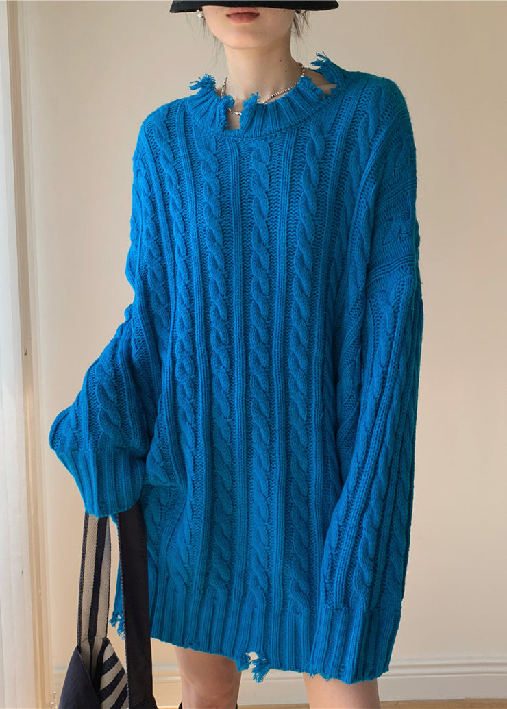 Loose Blue Hole Solid Cable Knit Sweaters Spring