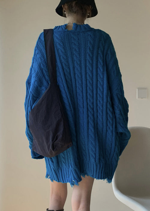 Loose Blue Hole Solid Cable Knit Sweaters Winter