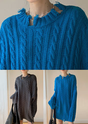 Loose Blue Hole Solid Cable Knit Sweaters Winter