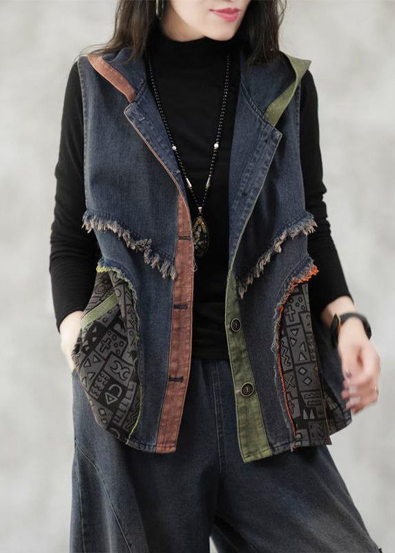 Loose Blue Hooded Button Patchwork Denim Waistcoat Sleeveless