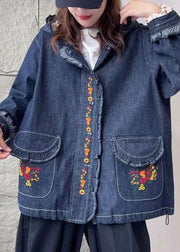 Loose Blue Hooded Embroideried Pockets Denim Coat Long Sleeve