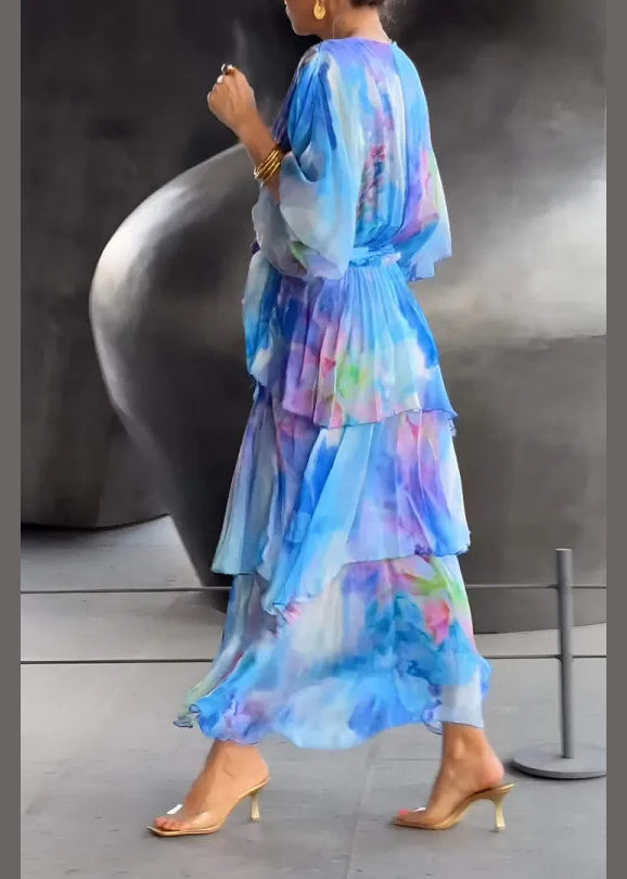 Loose Blue Layered Ruffled Print Chiffon Dress Butterfly Sleeve