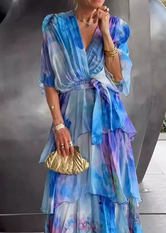 Loose Blue Layered Ruffled Print Chiffon Dress Butterfly Sleeve