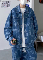 Loose Blue Letter Button Denim Coats Mens Coats Fall