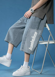 Loose Blue Letter Patchwork Denim Mens Crop Pants Summer