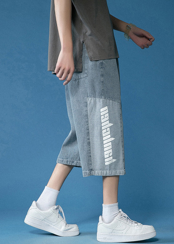 Loose Blue Letter Patchwork Denim Mens Crop Pants Summer