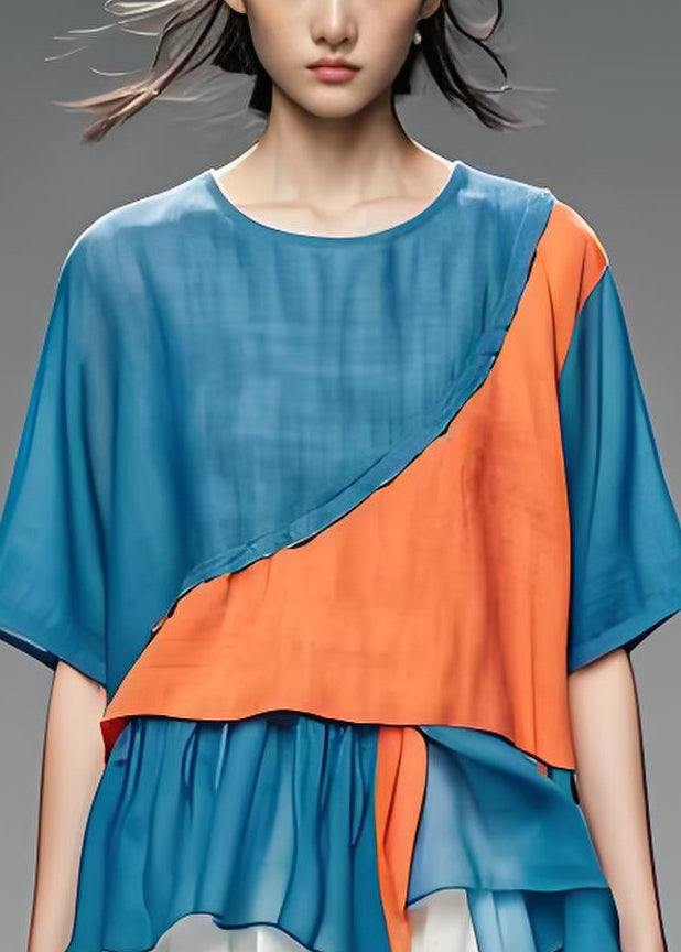 Loose Blue O Neck Asymmetrical Patchwork Cotton Top Summer