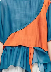 Loose Blue O Neck Asymmetrical Patchwork Cotton Top Summer