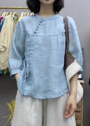 Loose Blue O Neck Lace Up Patchwork Linen Shirt Bracelet Sleeve