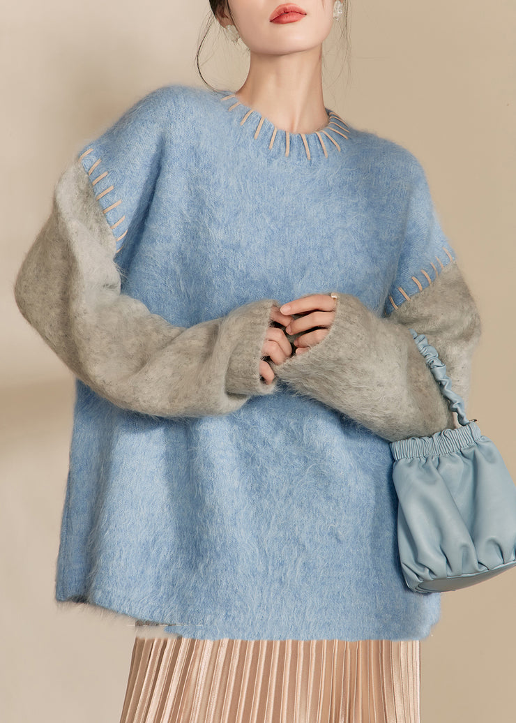 Loose Blue O-Neck Patchwork Thick Cotton Knit Sweaters Spring