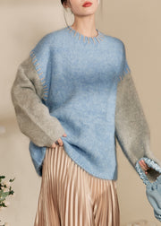 Loose Blue O-Neck Patchwork Thick Cotton Knit Sweaters Spring