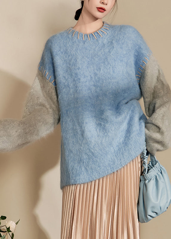 Loose Blue O-Neck Patchwork Thick Cotton Knit Sweaters Spring