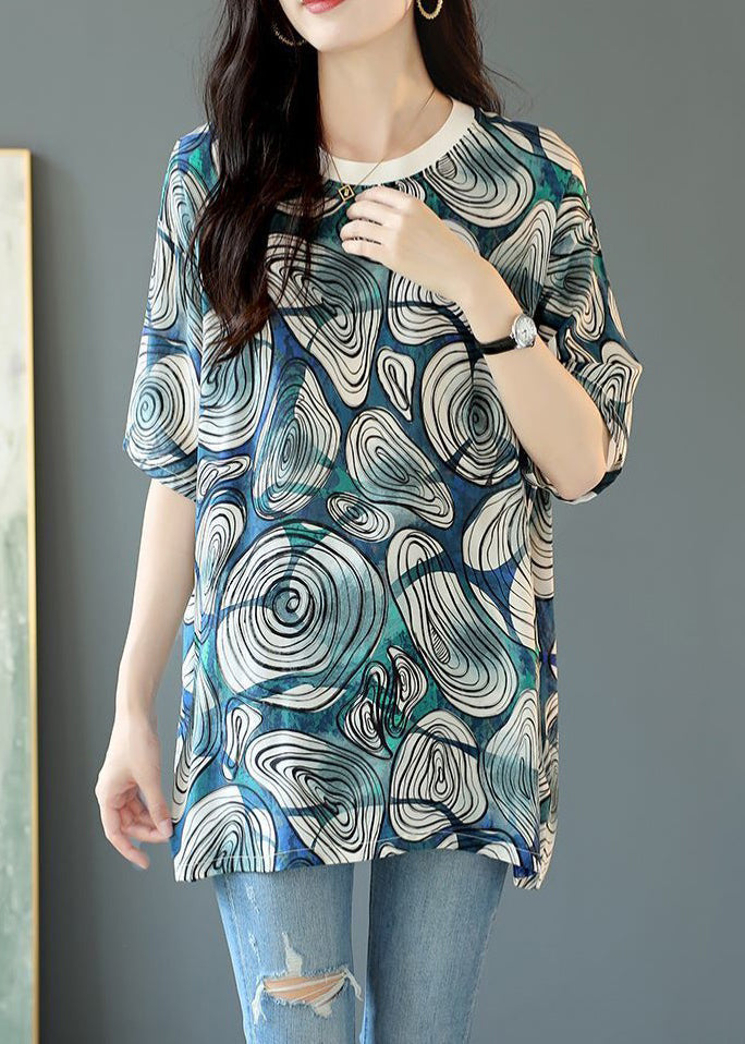 Loose Blue O Neck Print Cotton T Shirt Half Sleeve