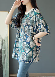 Loose Blue O Neck Print Cotton T Shirt Half Sleeve