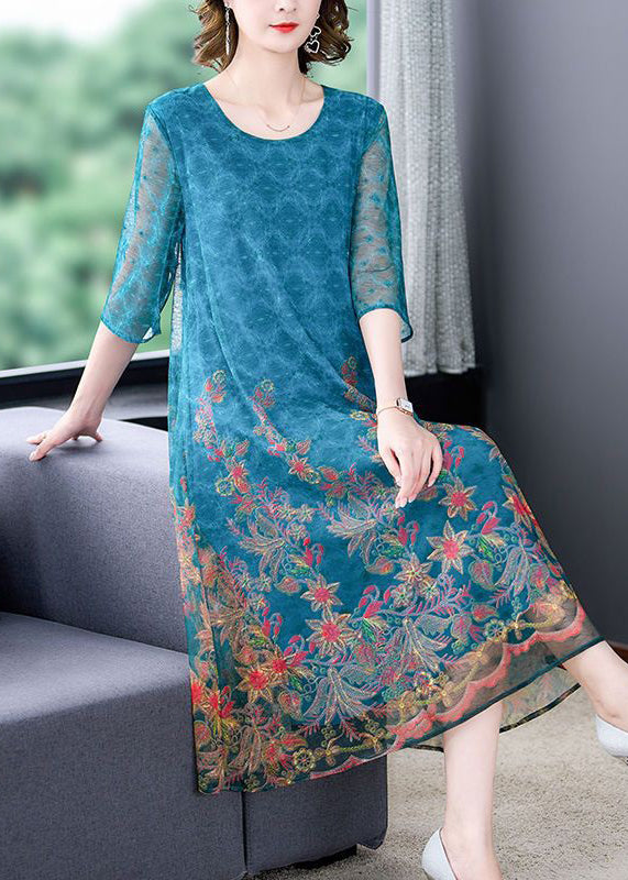 Loose Blue O Neck Print High Waist Tulle Dresses Half Sleeve