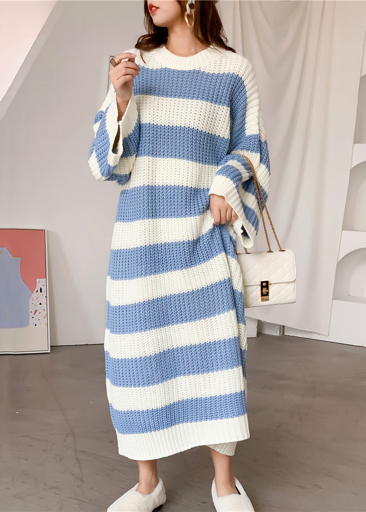 Loose Blue O Neck Striped Knit Sweater Dress Spring