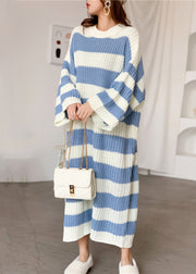 Loose Blue O Neck Striped Knit Sweater Dress Spring