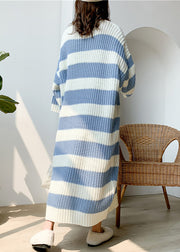 Loose Blue O Neck Striped Knit Sweater Dress Spring