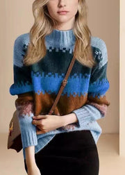 Loose Blue O Neck Thick Patchwork Knit Sweater Spring