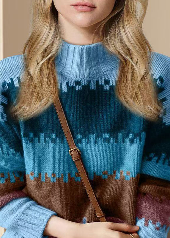 Loose Blue O Neck Thick Patchwork Knit Sweater Spring