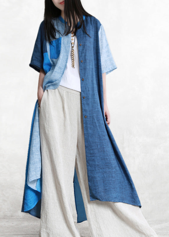 Loose Blue Patchwork Button Linen Long Shirts Short Sleeve