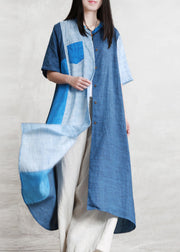 Loose Blue Patchwork Button Linen Long Shirts Short Sleeve