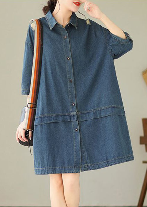 Loose Blue Peter Pan Collar Button Denim Mid Dress Half Sleeve